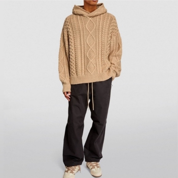 Men’s Fear of God ESSENTIALS Cable Knit Hoodie Sweater Tan Size M